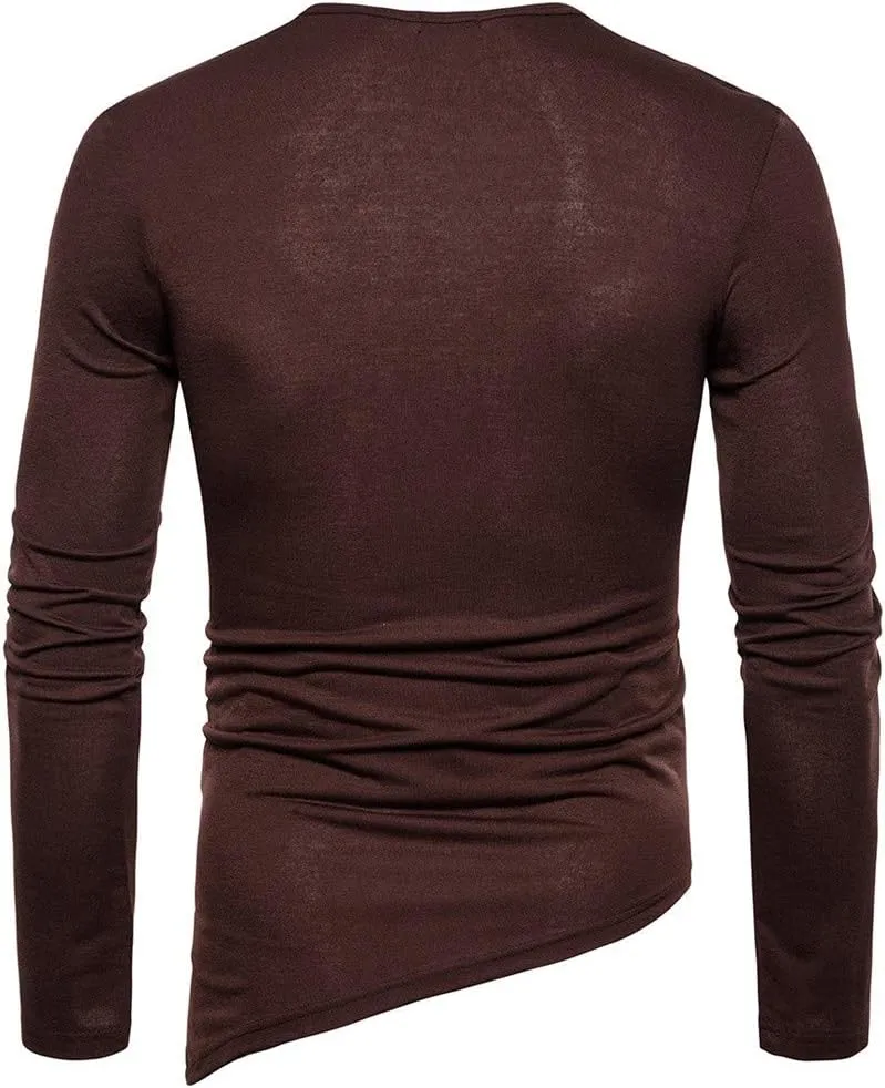 Stylish Asymmetrical Lace Up T-Shirts for Men Slim Fit Designer Irregular Crew Neck Long Sleeve Top Retro Gothic Cosplay Tees