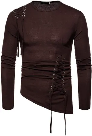 Stylish Asymmetrical Lace Up T-Shirts for Men Slim Fit Designer Irregular Crew Neck Long Sleeve Top Retro Gothic Cosplay Tees