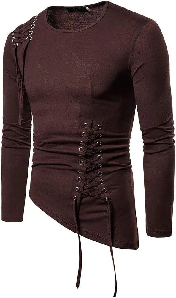Stylish Asymmetrical Lace Up T-Shirts for Men Slim Fit Designer Irregular Crew Neck Long Sleeve Top Retro Gothic Cosplay Tees