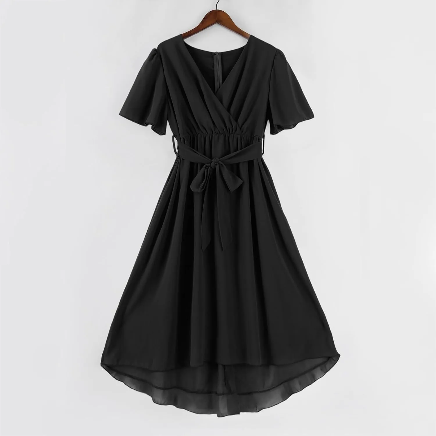 Summer Floral Dresses for Women 2025 Midi Wedding Guest Dress Chiffon Dresses V Neck Short Sleeve Tie Waist Ruffled Hem