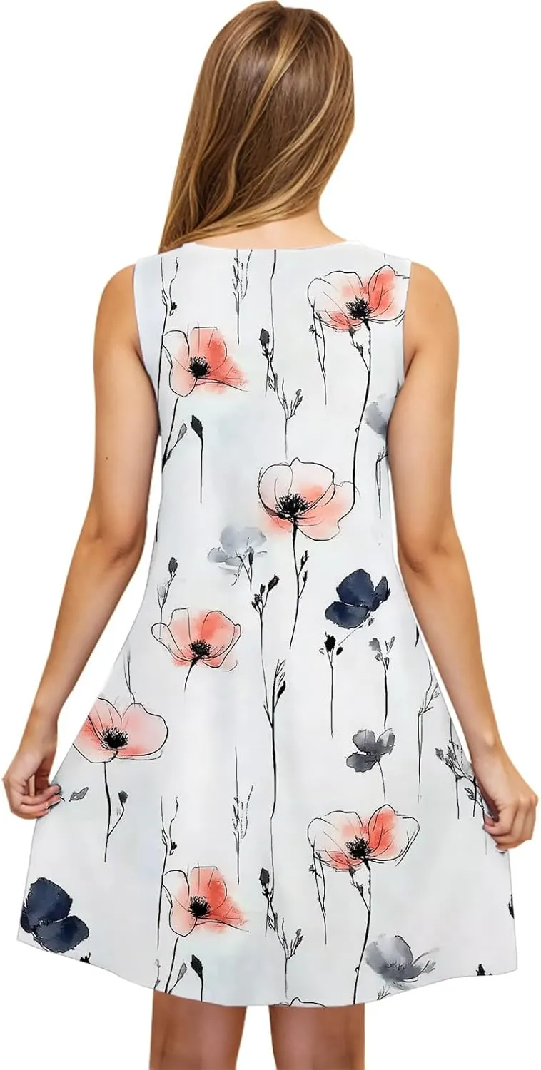 Summer Sundress for Women Beach Boho Sleeveless Vintage Floral Flowy Tank Sundress Loose Swing A-Line Mini Dress