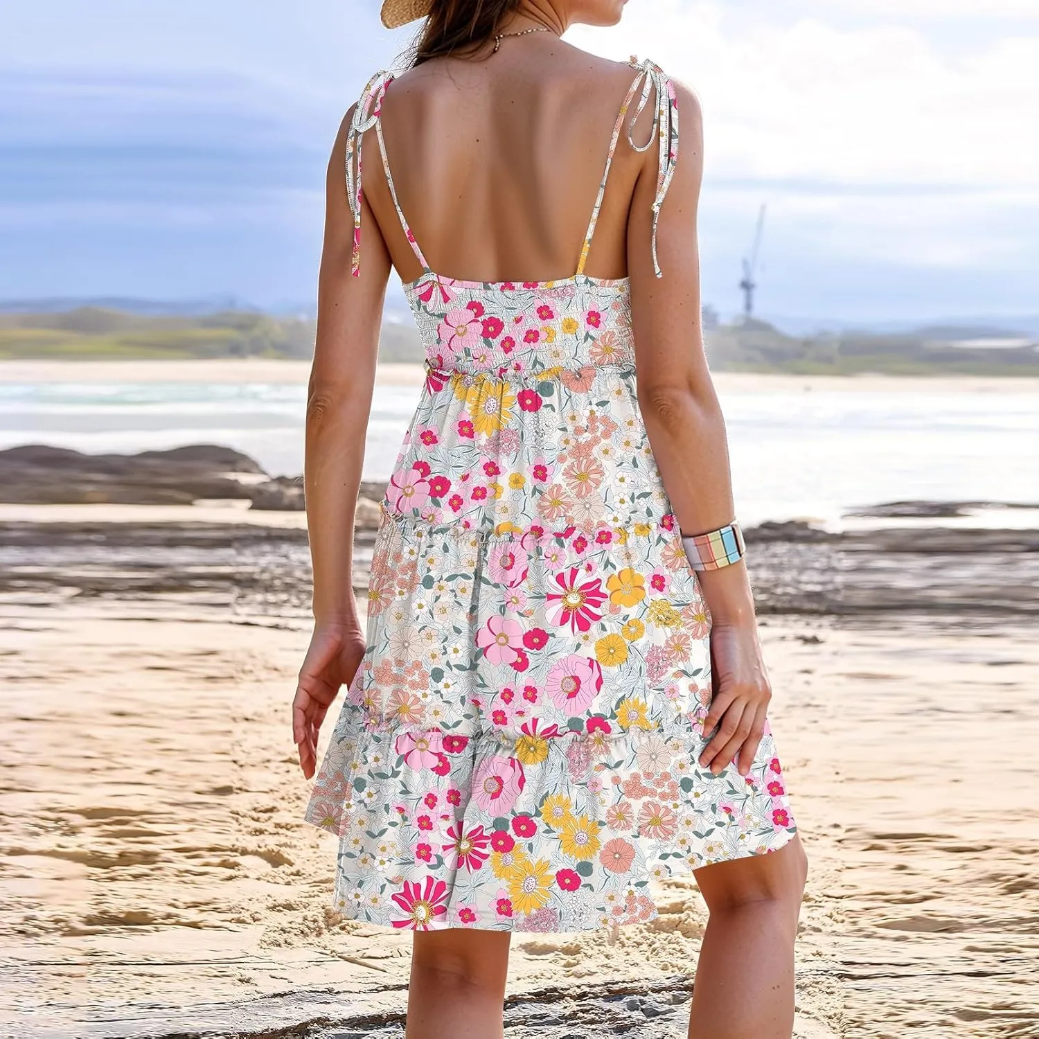 Sundress for Women 2025 Summer Casual Travel Vacation Beach Cover Ups Floral Spaghetti Strap Flowy Cute Mini Dress