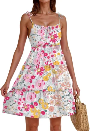 Sundress for Women 2025 Summer Casual Travel Vacation Beach Cover Ups Floral Spaghetti Strap Flowy Cute Mini Dress