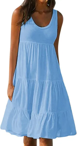 Sundresses for Women 2025 Sleeveless Cute Petite Mini Dress Tiered Summer Flowy Boho Sundress Beach Wear