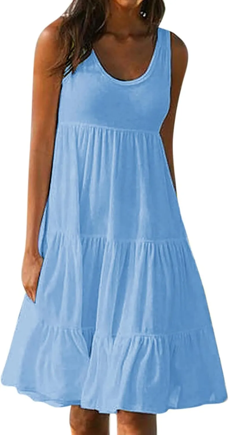 Sundresses for Women 2025 Sleeveless Cute Petite Mini Dress Tiered Summer Flowy Boho Sundress Beach Wear
