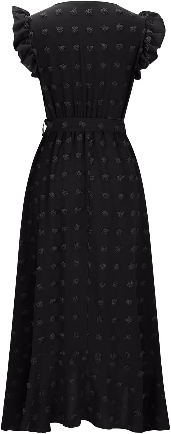 Sundresses for Women Solid Color Lace A Line Dress Elegant V Neck Tie Waist Dresses Beach Vacation Sundress