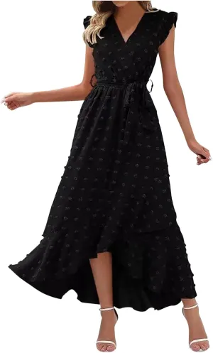 Sundresses for Women Solid Color Lace A Line Dress Elegant V Neck Tie Waist Dresses Beach Vacation Sundress