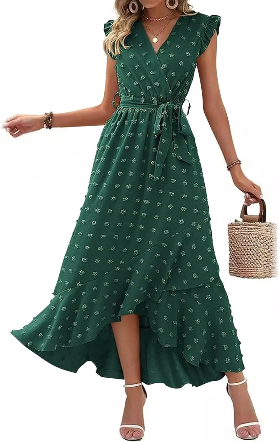 Sundresses for Women Solid Color Lace A Line Dress Elegant V Neck Tie Waist Dresses Beach Vacation Sundress