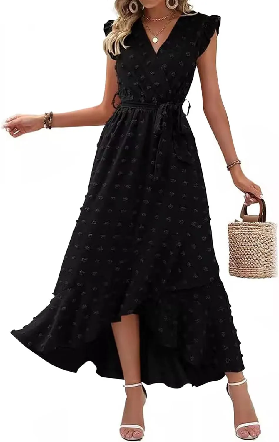 Sundresses for Women Solid Color Lace A Line Dress Elegant V Neck Tie Waist Dresses Beach Vacation Sundress