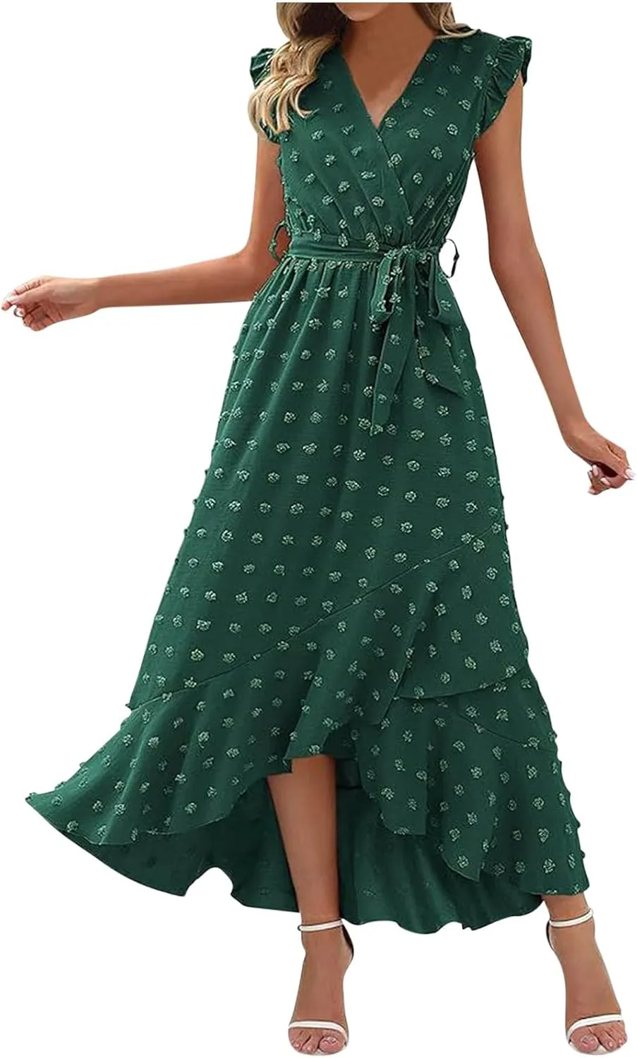 Sundresses for Women Solid Color Lace A Line Dress Elegant V Neck Tie Waist Dresses Beach Vacation Sundress