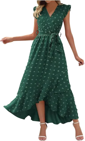 Sundresses for Women Solid Color Lace A Line Dress Elegant V Neck Tie Waist Dresses Beach Vacation Sundress
