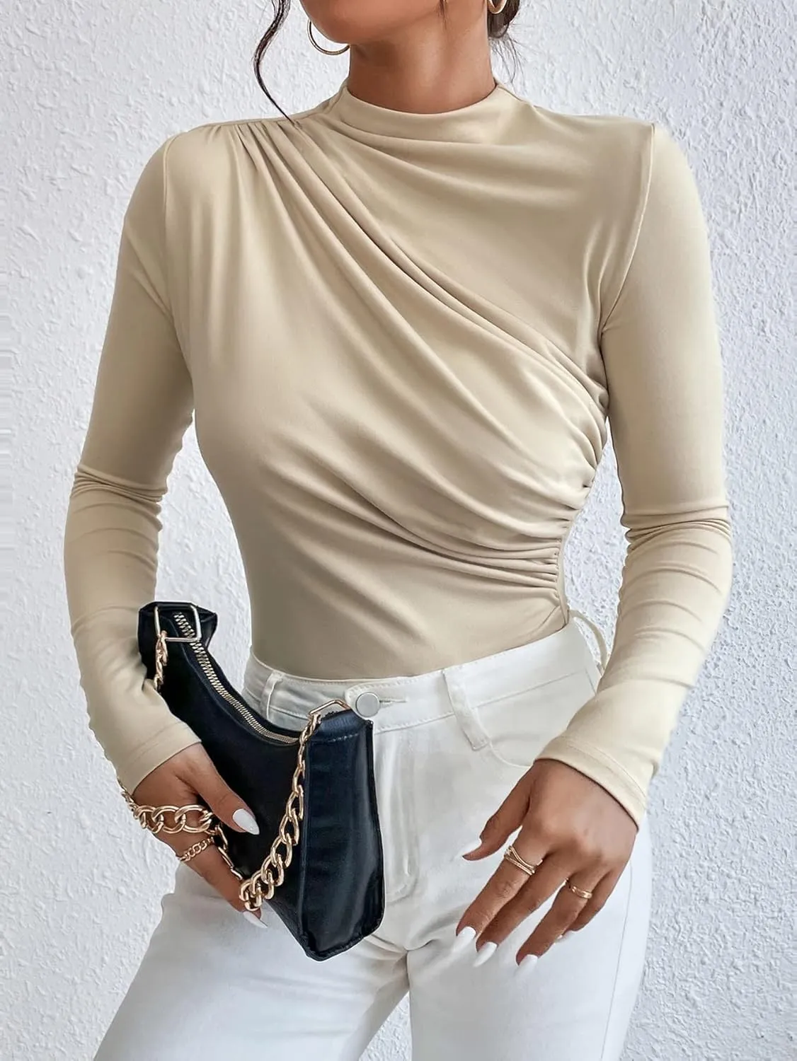 SweatyRocks Women's Bodysuit Mock Neck Casual Ruched Long Sleeve Jumpsuit
