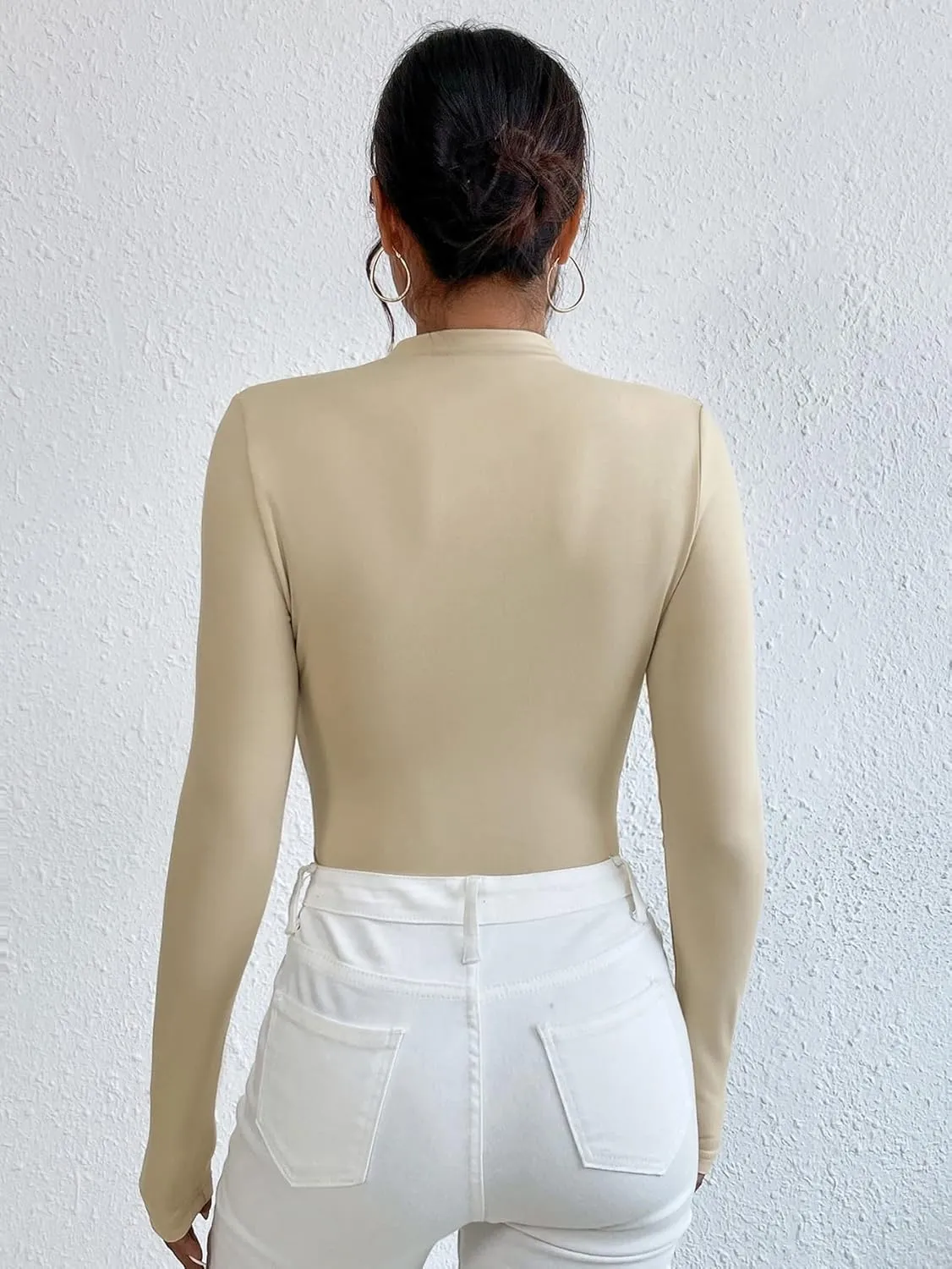 SweatyRocks Women's Bodysuit Mock Neck Casual Ruched Long Sleeve Jumpsuit