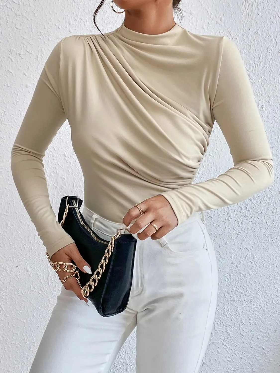 SweatyRocks Women's Bodysuit Mock Neck Casual Ruched Long Sleeve Jumpsuit