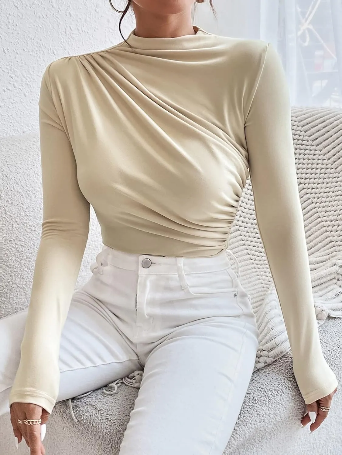 SweatyRocks Women's Bodysuit Mock Neck Casual Ruched Long Sleeve Jumpsuit