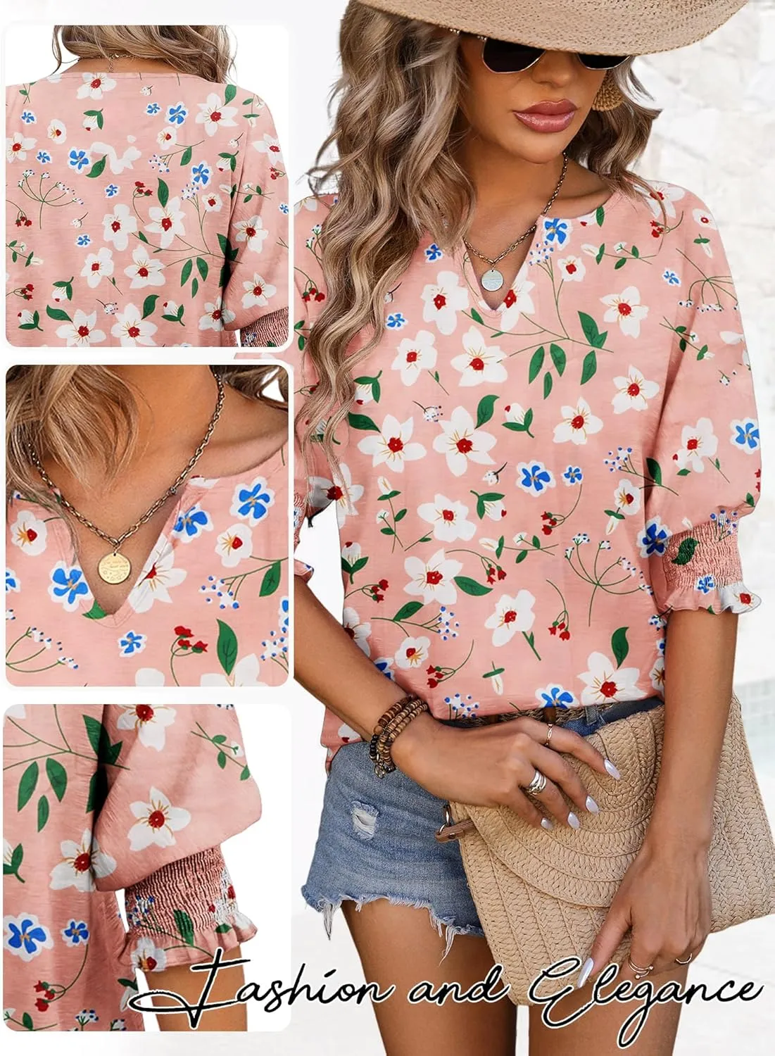 TAKEYAL Women's 2025 Fashion 3/4 Sleeve V Neck T-Shirts Cute Spring Summer Business Dressy Blouses Solid Basic Tee Tops