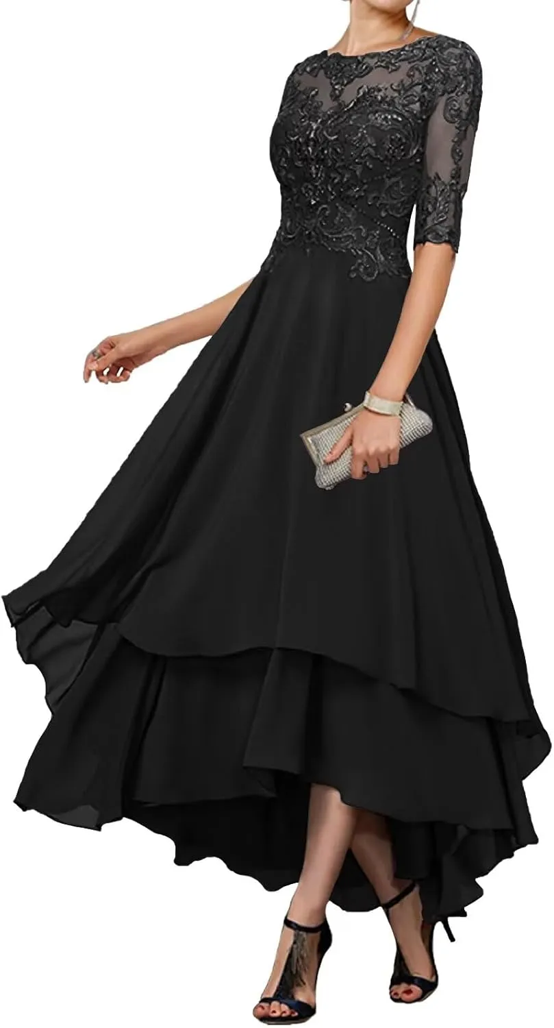 Tea Length Mother of The Bride Dresses for Wedding 1/2 Sleeves Ruffle Sparkly Lace Formal Dress for Women 2024