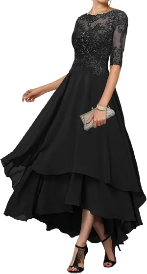 Tea Length Mother of The Bride Dresses for Wedding 1/2 Sleeves Ruffle Sparkly Lace Formal Dress for Women 2024