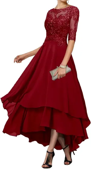 Tea Length Mother of The Bride Dresses for Wedding 1/2 Sleeves Ruffle Sparkly Lace Formal Dress for Women 2024