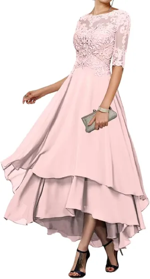 Tea Length Mother of The Bride Dresses for Wedding 1/2 Sleeves Ruffle Sparkly Lace Formal Dress for Women 2024