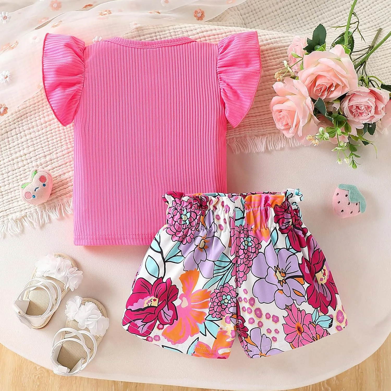 Toddler Baby Girls Clothes Cute Cap Sleeve T-Shirt   Floral Printed 2pcs Summer Shorts Set For Girls