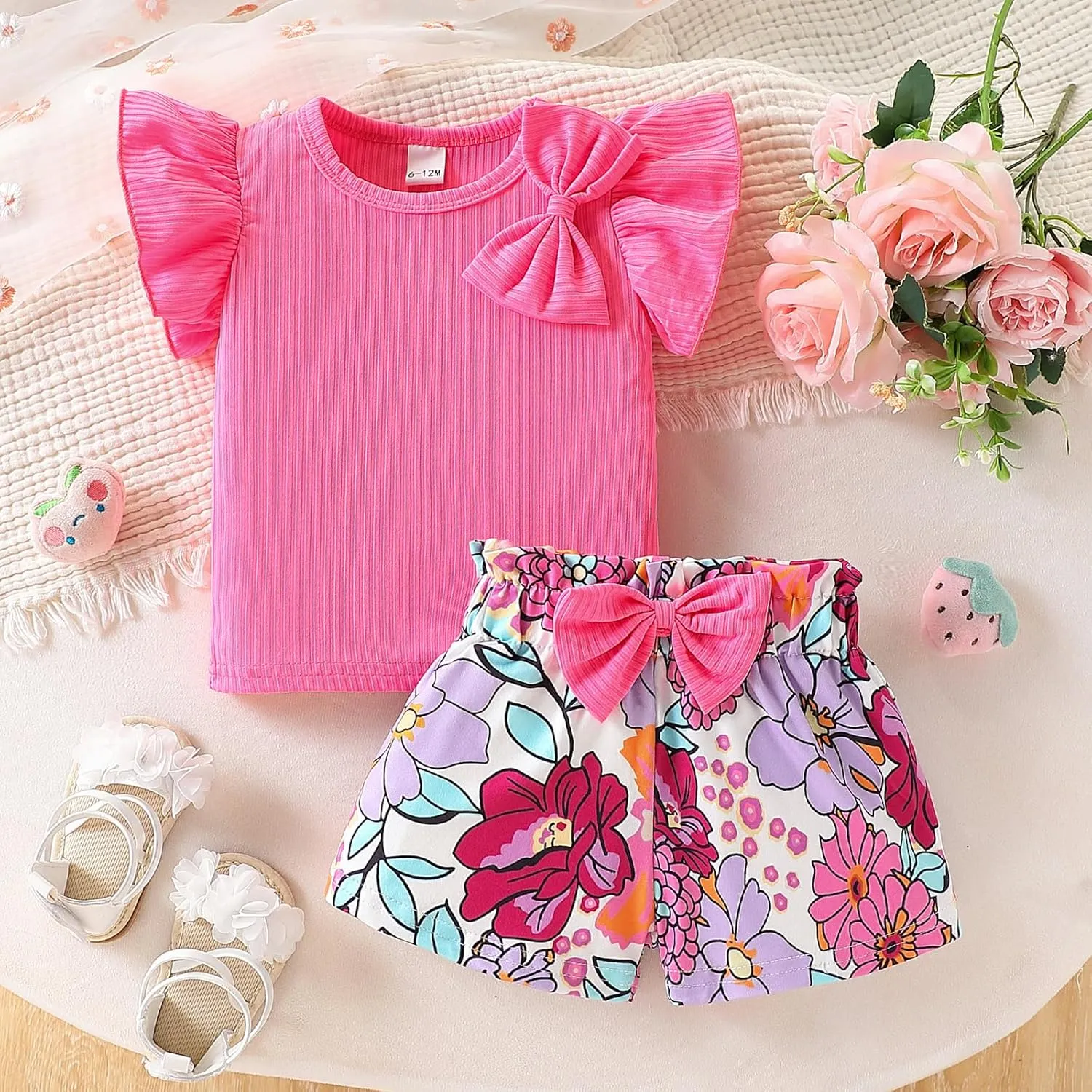 Toddler Baby Girls Clothes Cute Cap Sleeve T-Shirt   Floral Printed 2pcs Summer Shorts Set For Girls