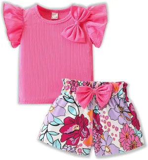 Toddler Baby Girls Clothes Cute Cap Sleeve T-Shirt   Floral Printed 2pcs Summer Shorts Set For Girls