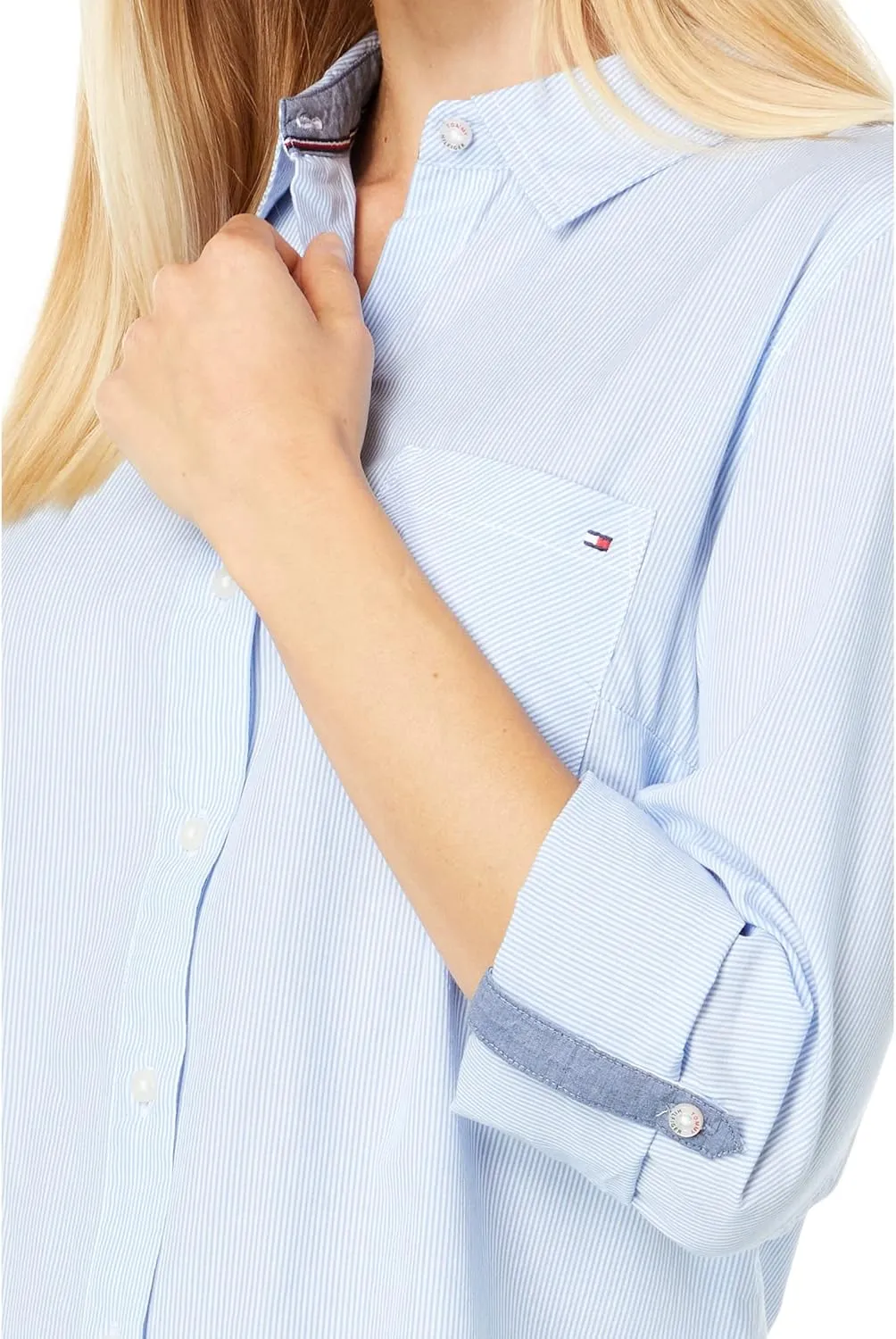 Tommy Hilfiger Women's Button Collared Shirt With Adjustable Sleeves