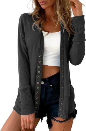 Traleubie Women's Long Sleeve V-Neck Button Down Knit Open Front Cardigan Sweater