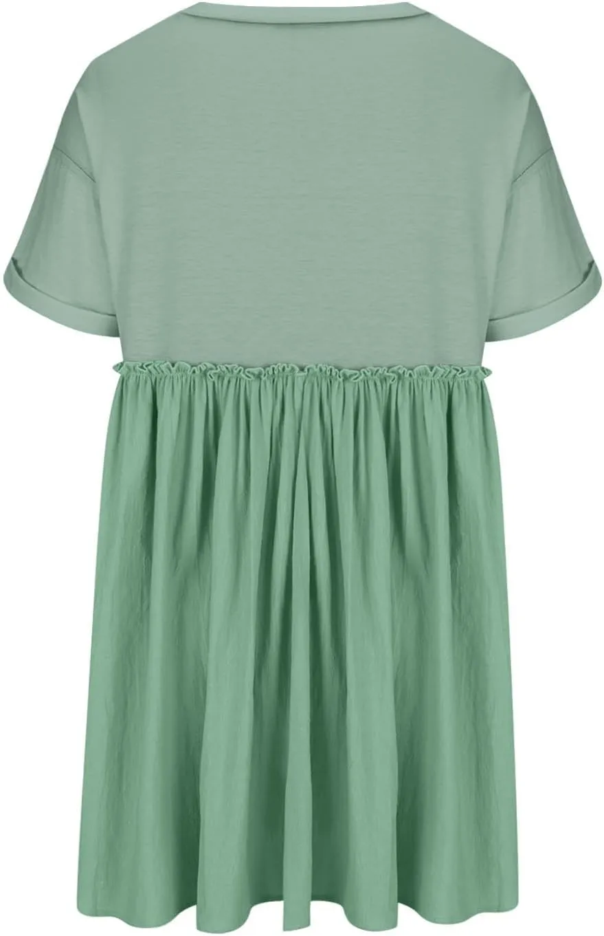 Tunic Dress for Womens Loose Fit Drop Shoulder Ruffle Flowy Mini Dress Cute Y2K Summer Crew Neck Short Swing Skater Dresses
