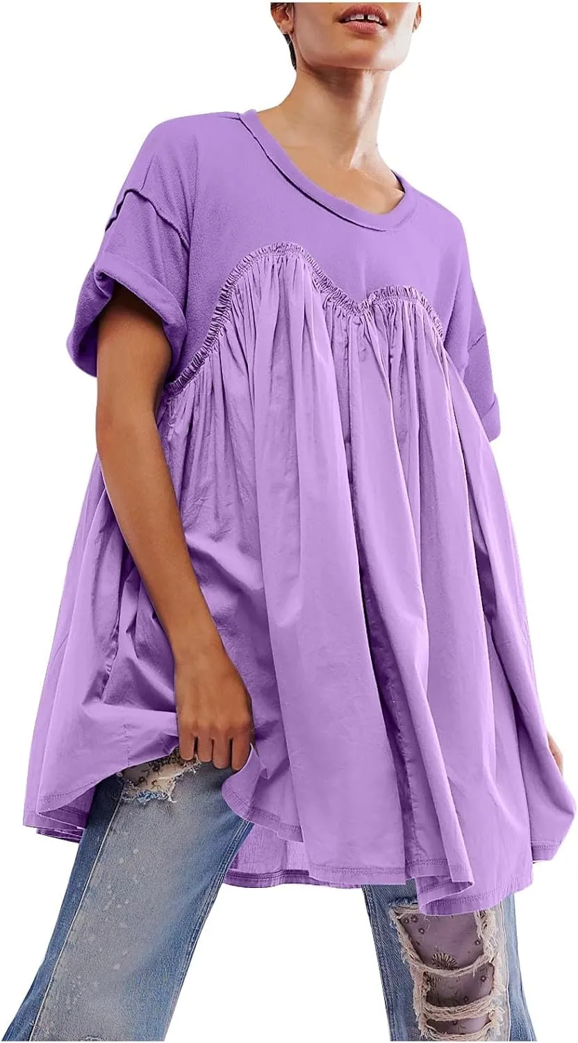 Tunic Dress for Womens Loose Fit Drop Shoulder Ruffle Flowy Mini Dress Cute Y2K Summer Crew Neck Short Swing Skater Dresses