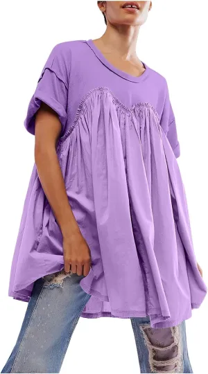 Tunic Dress for Womens Loose Fit Drop Shoulder Ruffle Flowy Mini Dress Cute Y2K Summer Crew Neck Short Swing Skater Dresses
