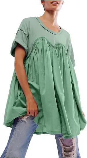 Tunic Dress for Womens Loose Fit Drop Shoulder Ruffle Flowy Mini Dress Cute Y2K Summer Crew Neck Short Swing Skater Dresses