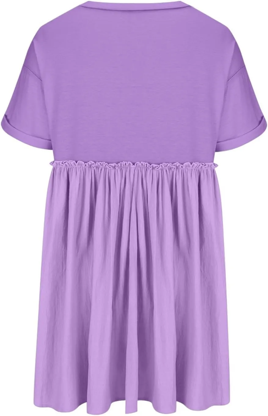 Tunic Dress for Womens Loose Fit Drop Shoulder Ruffle Flowy Mini Dress Cute Y2K Summer Crew Neck Short Swing Skater Dresses