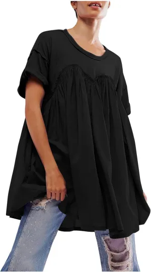 Tunic Dress for Womens Loose Fit Drop Shoulder Ruffle Flowy Mini Dress Cute Y2K Summer Crew Neck Short Swing Skater Dresses