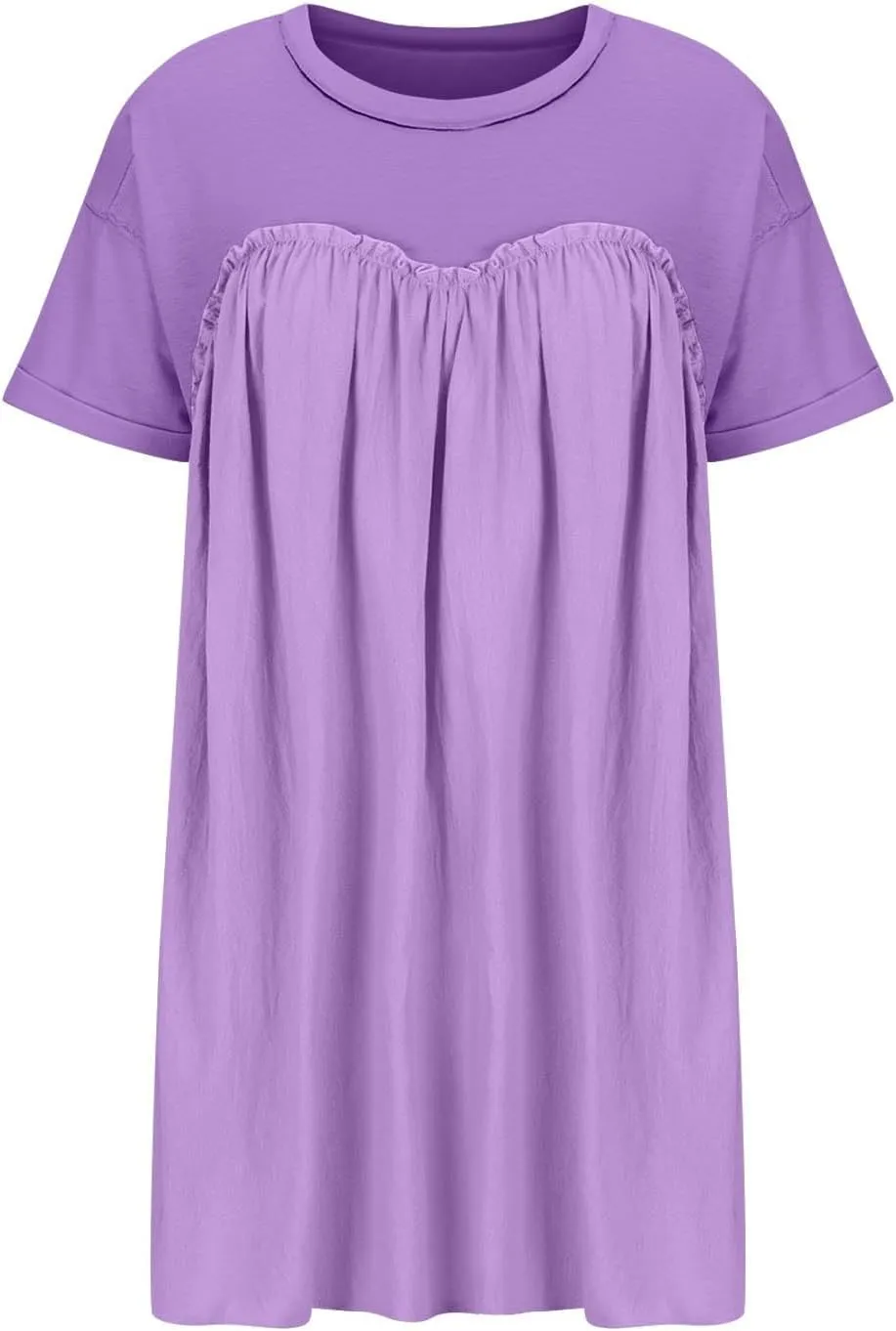 Tunic Dress for Womens Loose Fit Drop Shoulder Ruffle Flowy Mini Dress Cute Y2K Summer Crew Neck Short Swing Skater Dresses