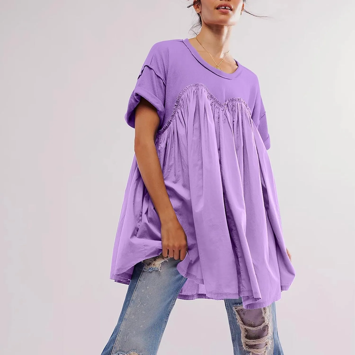 Tunic Dress for Womens Loose Fit Drop Shoulder Ruffle Flowy Mini Dress Cute Y2K Summer Crew Neck Short Swing Skater Dresses
