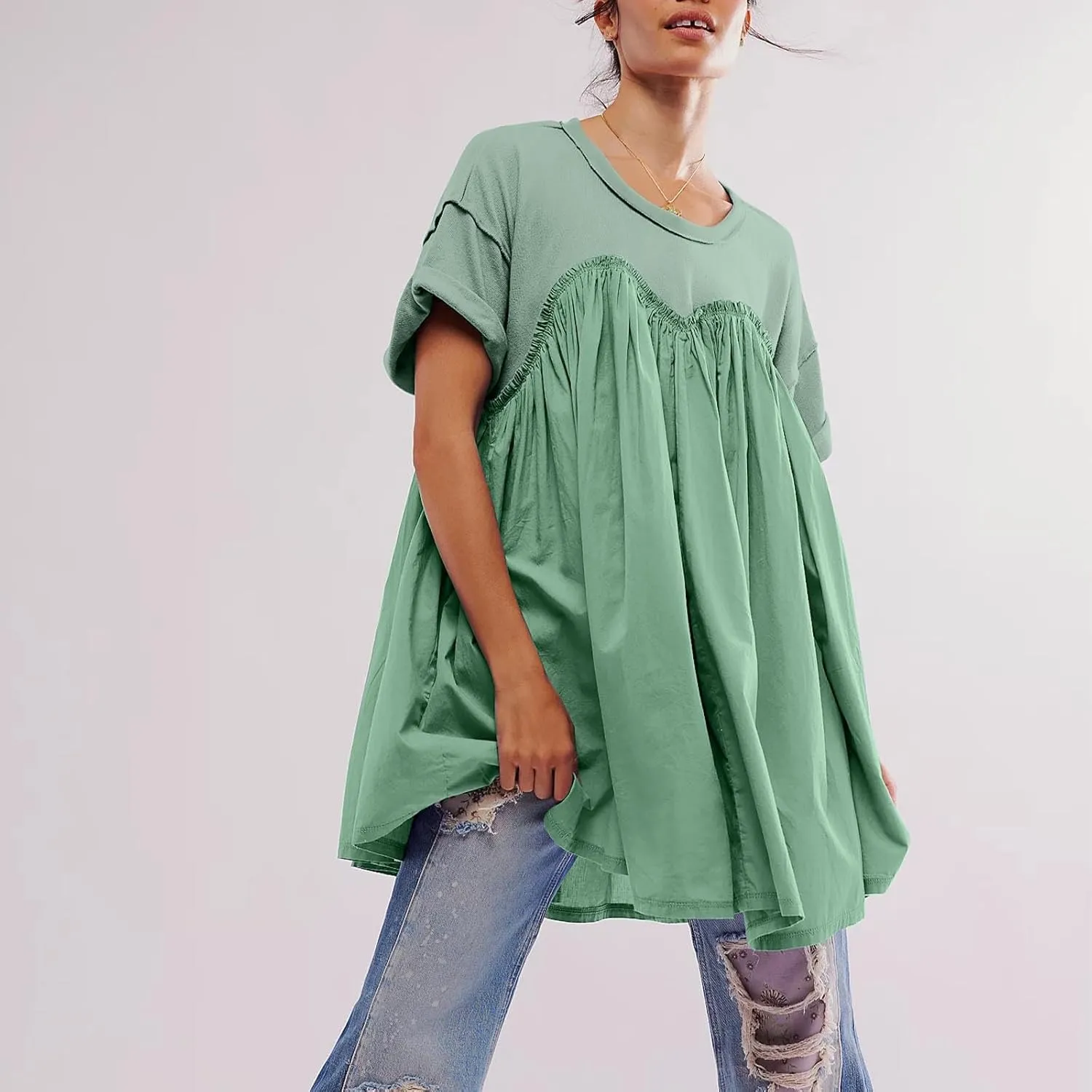 Tunic Dress for Womens Loose Fit Drop Shoulder Ruffle Flowy Mini Dress Cute Y2K Summer Crew Neck Short Swing Skater Dresses