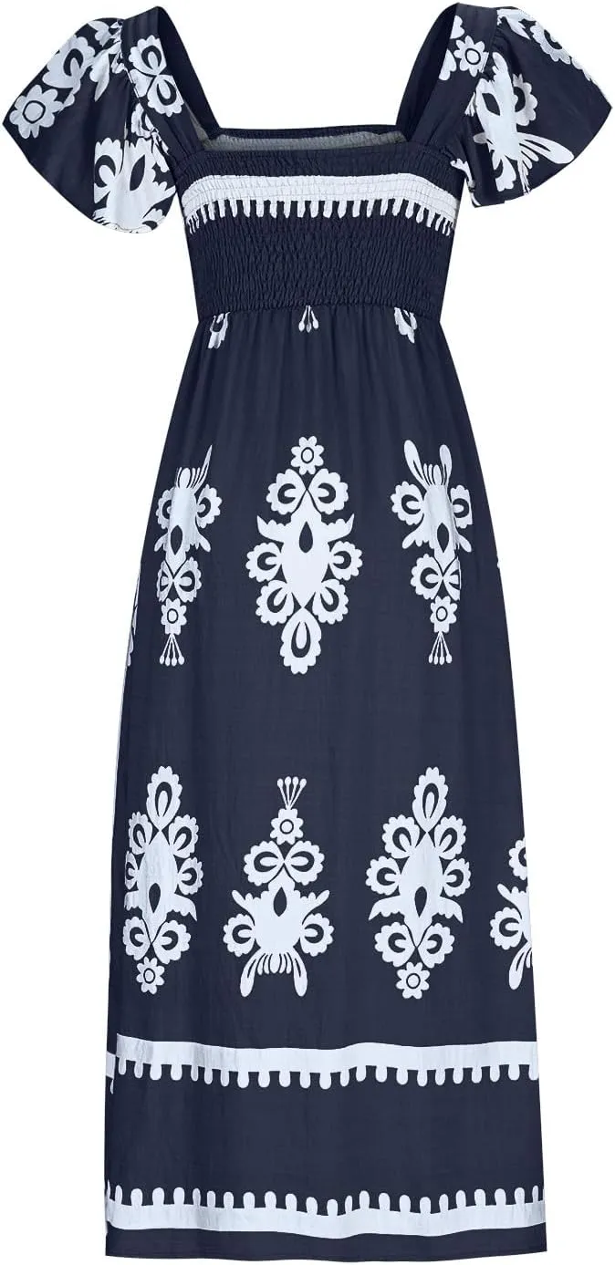 Vacation Dresses for Women 2025 Holiday Style Printed Sundress Summer Dress Square Neck Beach Sundresses
