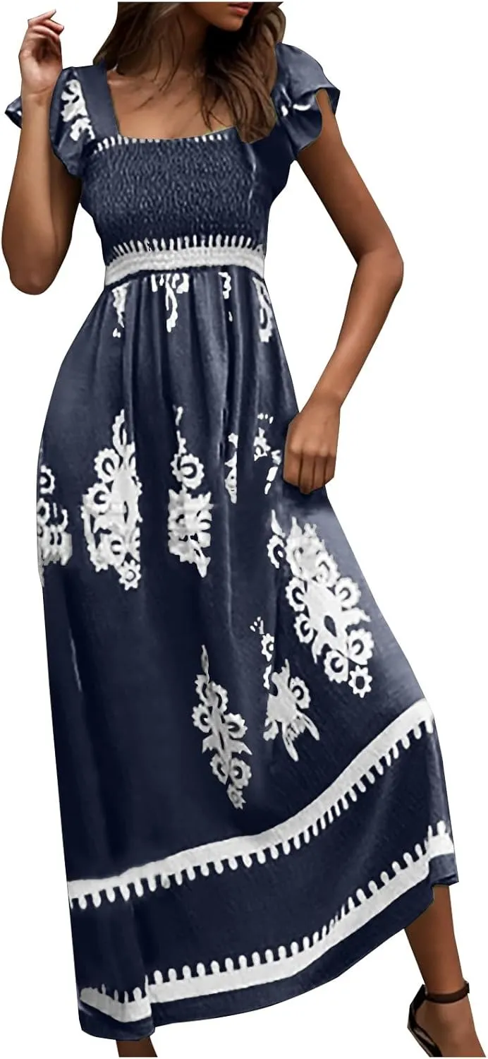 Vacation Dresses for Women 2025 Holiday Style Printed Sundress Summer Dress Square Neck Beach Sundresses