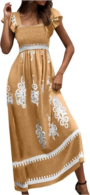 Vacation Dresses for Women 2025 Holiday Style Printed Sundress Summer Dress Square Neck Beach Sundresses