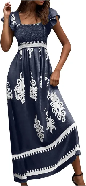 Vacation Dresses for Women 2025 Holiday Style Printed Sundress Summer Dress Square Neck Beach Sundresses