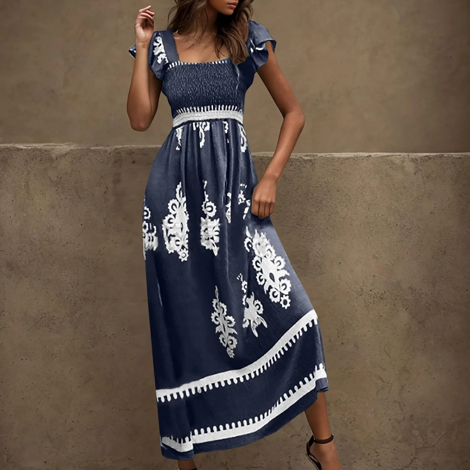 Vacation Dresses for Women 2025 Holiday Style Printed Sundress Summer Dress Square Neck Beach Sundresses