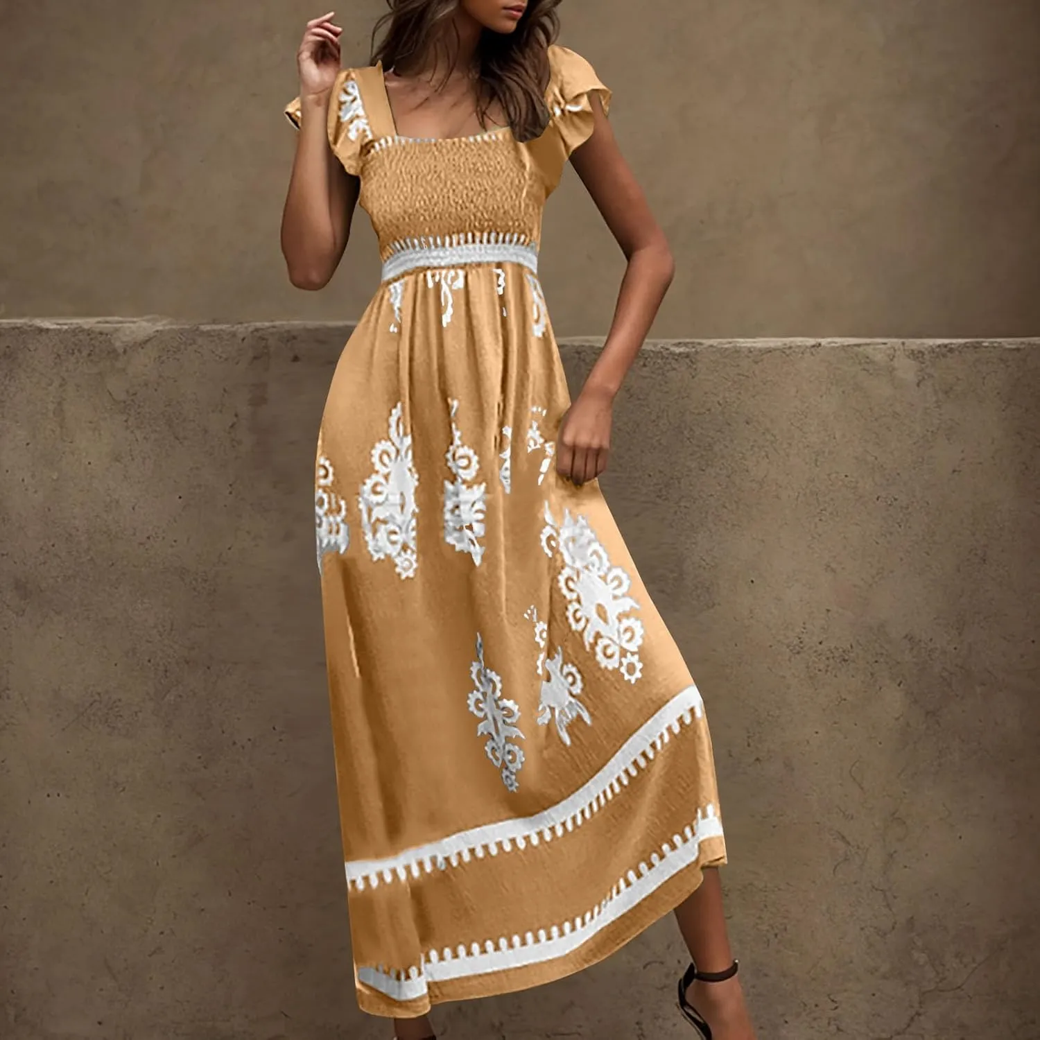 Vacation Dresses for Women 2025 Holiday Style Printed Sundress Summer Dress Square Neck Beach Sundresses