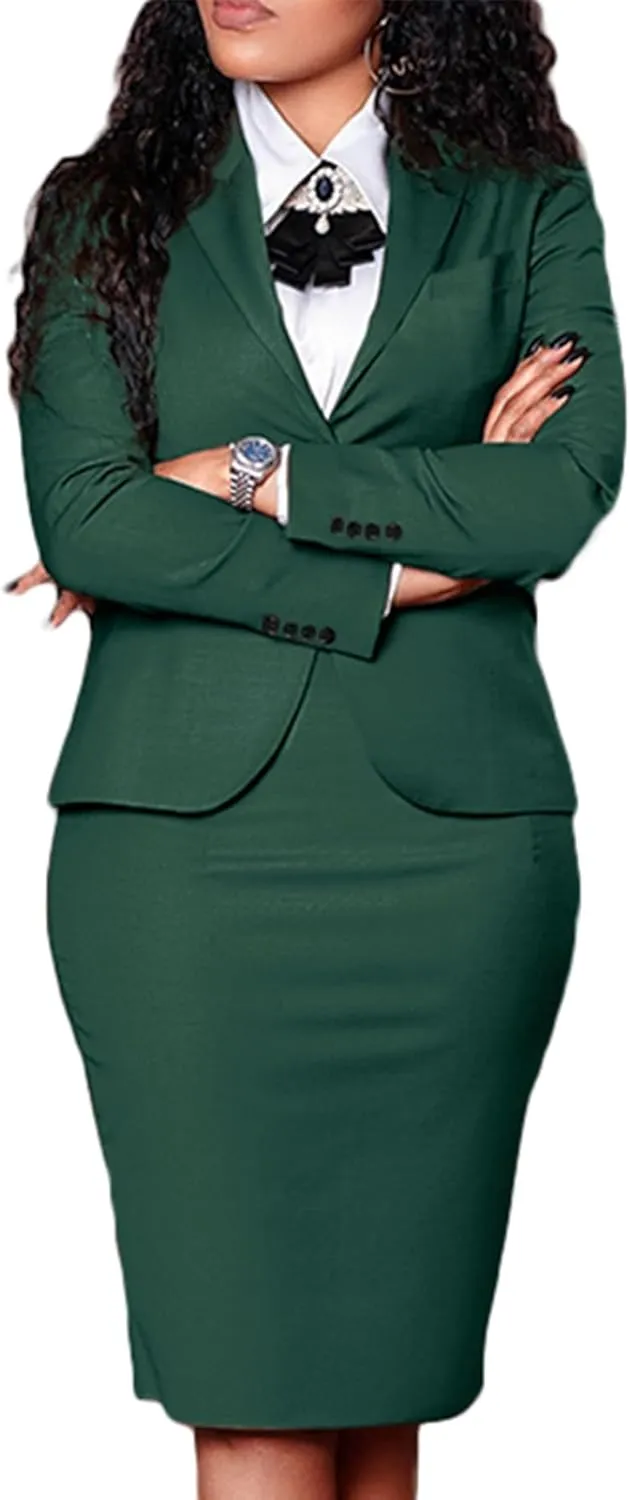 Vakkest Women's 2 Piece Outfit Business Suit Set Casual Work Long Sleeve Cropped Blazer Jacket and Pencil Mini Skirt