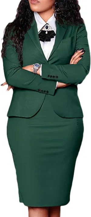 Vakkest Women's 2 Piece Outfit Business Suit Set Casual Work Long Sleeve Cropped Blazer Jacket and Pencil Mini Skirt