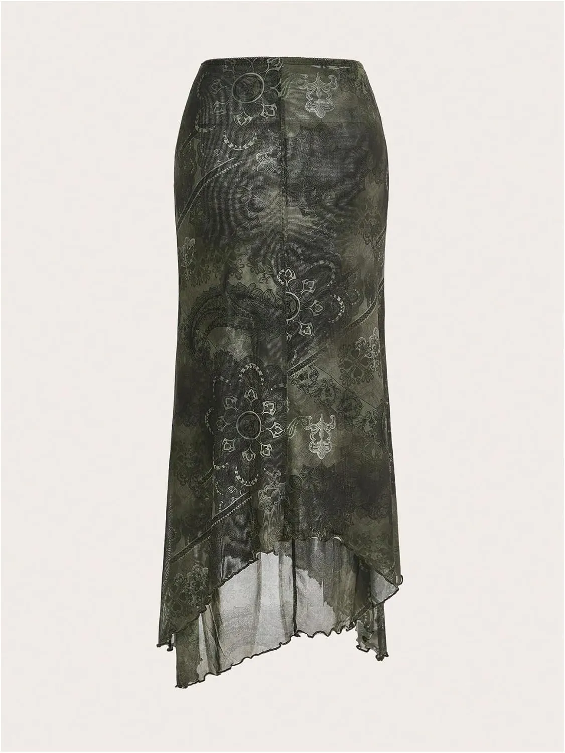 Verdusa Women's Floral Print Mesh Asymmetrical Hem Midi Skirt High Waist Casual Long Skirts