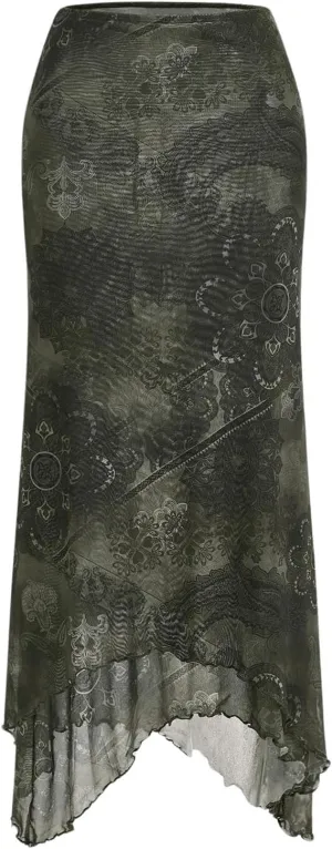 Verdusa Women's Floral Print Mesh Asymmetrical Hem Midi Skirt High Waist Casual Long Skirts