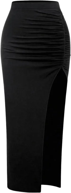 Verdusa Women's Ruched Side Split High Waist Bodycon Long Pencil Skirt