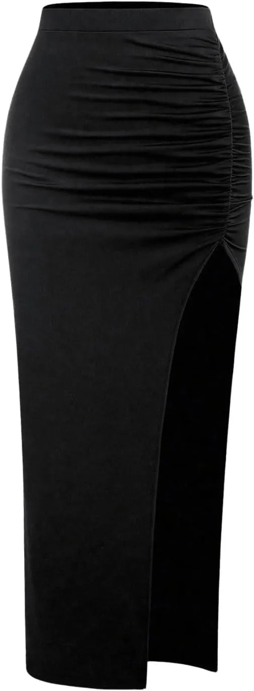 Verdusa Women's Ruched Side Split High Waist Bodycon Long Pencil Skirt